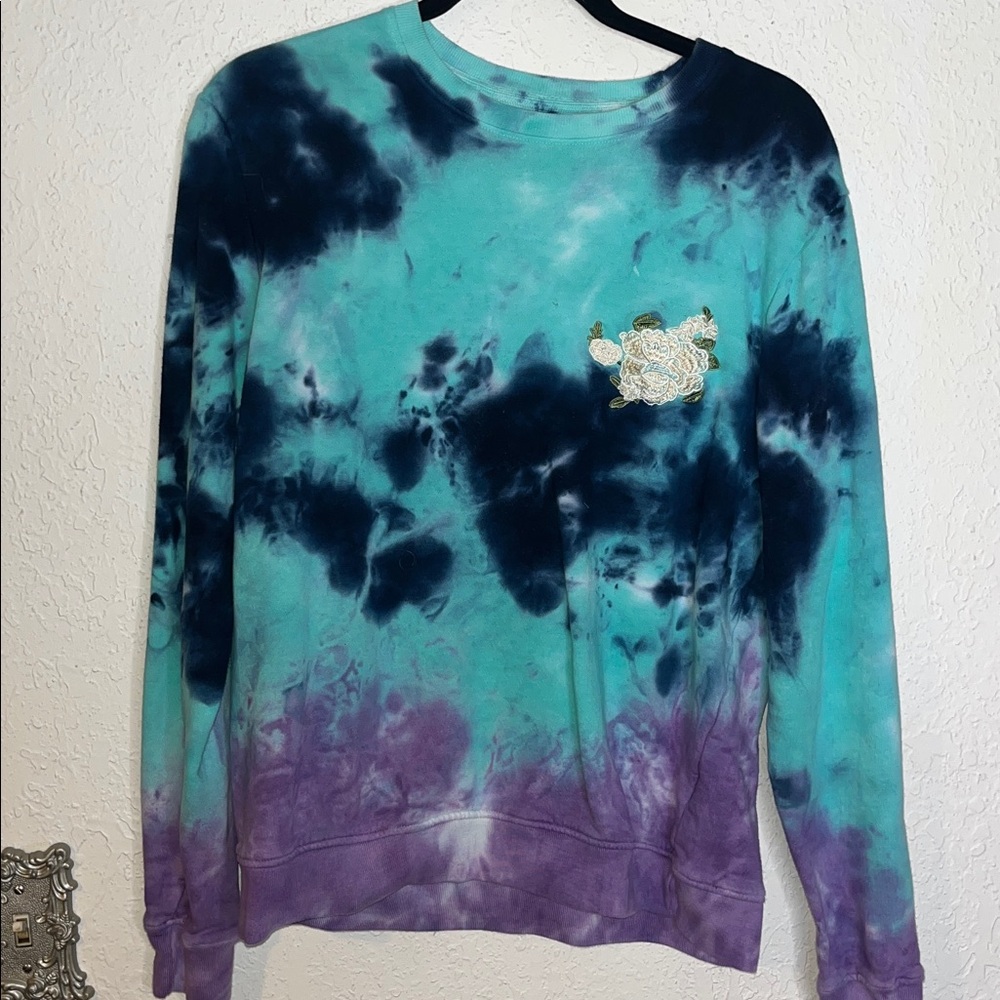 Blind Rooster Sweatshirt Mens Medium Tie Dye Teal & Purple Crewneck Sakura Tree